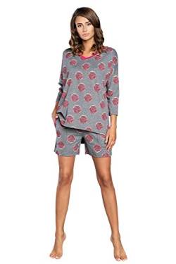 Damen Schlafanzug lang Pyjama Set | Nachtwäsche Hausanzug Langearm Rund Ausschnitt Zweiteiliger Sleepwear M007 (M, Grau Rosa) von Italian Fashion IF