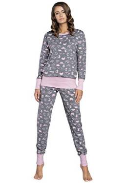 Damen Schlafanzug lang Pyjama Set | Nachtwäsche Hausanzug Langearm Rund Ausschnitt Zweiteiliger Sleepwear M007 (XL, Mehrfarbig Rosa) von Italian Fashion IF