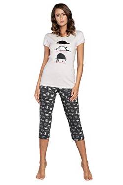Damen Schlafanzug lang Pyjama Set | Nachtwäsche Hausanzug Langearm Rund Ausschnitt Zweiteiliger Sleepwear M007 (XXL, Ecru Mehrfarbig Kurz) von Italian Fashion