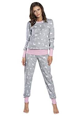 Italian Fashion Damen Schlafanzug aus Baumwolle, Ladies’ Pyjama Set Long-Sleeved, Checked Pyjama Set, Night Wear, Soft and warm (XL, Grau) von Italian Fashion