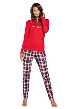 Italian Fashion IF Damen Schlafanzug lang Pyjama Set | Nachtwäsche Hausanzug Langearm Rund Ausschnitt Zweiteiliger Sleepwear M007 (XL, Rot Karierte) von Italian Fashion IF