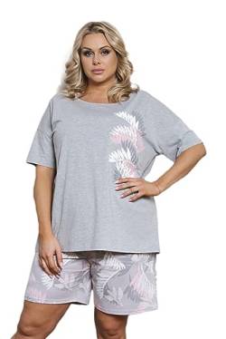 Italian Fashion IF Dracena Damen kurzer Schlafanzug/Shorty aus 100% Baumwolle, grau/rosa mit Federn, Gr. L von Italian Fashion