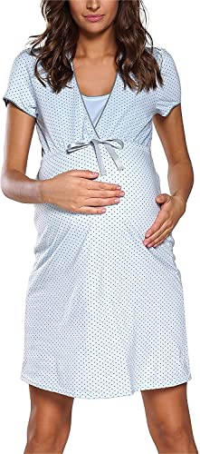 Italian Fashion IF Nachthemd Damen Geburt Stillnachthemd Mutterschaft Schwangerschaft Nachtwäsche Umstandsmode mit Durchgehender Knopfleiste geburtshemd für Schwangere (M, Blau) von Italian Fashion IF