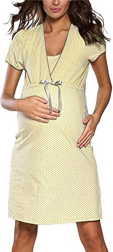 Italian Fashion IF Nachthemd Damen Geburt Stillnachthemd Mutterschaft Schwangerschaft Nachtwäsche Umstandsmode mit Durchgehender Knopfleiste geburtshemd für Schwangere (M, Gelb) von Italian Fashion IF