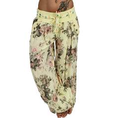 Italy Moda Haremshose Aladinhose Pumphosen Baggyhose Pluderhose Ali Baba Hose (XS-L, Gelb) von Italy Moda