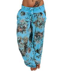 Italy Moda Haremshose Aladinhose Pumphosen Sommerhose Hose Blume Gürtel (XS-L, Türkis) von Italy Moda