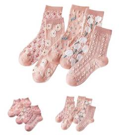Ivedin | Packung mit 5 Modellen Baumwollsocken mit lustigen rosa Blumenmotiven für Damen und Mädchen | Atmungsaktiv und bequem | Einheitsgröße 34-40 EU (Halbrunde Socken) von Ivedin