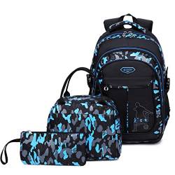 Schulrucksack Jungen Teenager, Kinderrucksack Camouflage Rucksäcke Jugendliche Jungen Mädchen 3-In-1 Schulranzen für Schule(Blau) von IvyH