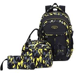 Schulrucksack Jungen Teenager, Kinderrucksack Camouflage Rucksäcke Jugendliche Jungen Mädchen 3-In-1 Schulranzen für Schule(Gelb) von IvyH