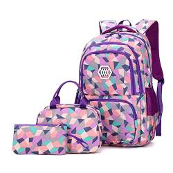 IvyH Schulrucksack Mädchen Teenager, Kinderrucksack mit Lunch-Taschen Bleistift Etui Rucksäcke Jugendliche Jungen 3-In-1 Schulranzen für Schule,Lila von IvyH