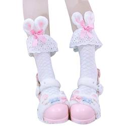Ixkbiced Lolita Kawaii Baumwolle Crew Socken Plüsch Hasenohren Schleife Spitze Anime Strumpfwaren, Suitable for foot size: 35-42 von Ixkbiced