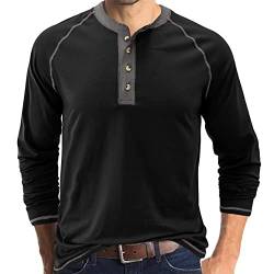 Henley Herren-T-Shirt, langärmelig, lässig, einfarbig, Shirt, Schwarz , L von IyMoo