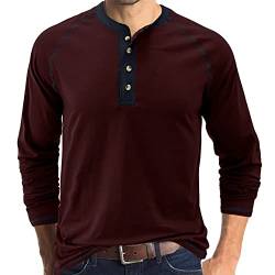Henley-Langarm-T-Shirt für Herren, lässig, einfarbig, burgunderfarben, S von IyMoo
