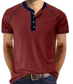 Herren T-Shirt Baumwolle Henley Shirts Casual Fashion T Shirts, Burgunderrot1, XL von IyMoo