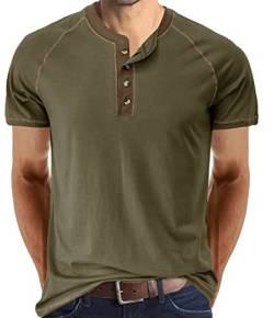 Herren T-Shirt Baumwolle Henley Shirts Casual Fashion T Shirts, Grün 1, XL von IyMoo