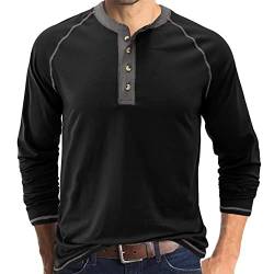 Herren T-Shirt Baumwolle Henley Shirts Casual Fashion T Shirts, Schwarz , XL von IyMoo