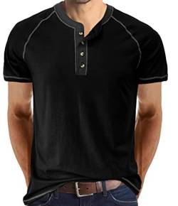 Herren T-Shirt Baumwolle Henley Shirts Casual Fashion T Shirts, schwarz 1, S von IyMoo