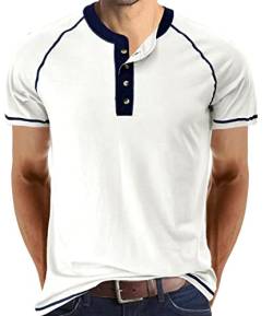 Herren T-Shirt Baumwolle Henley Shirts Casual Fashion T Shirts, weiß, L von IyMoo