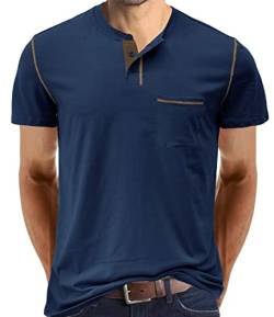 Herren T-Shirt Baumwolle Henley Shirts Casual Fashion T-Shirts mit Poket, navy, XL von IyMoo