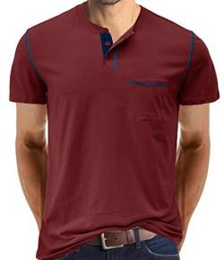 Herren T-Shirt Baumwolle Henley Shirts Casual Fashion T-Shirts mit Poket, rot, XL von IyMoo