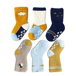 J Poqobog Baby Anti Rutsche socken Baumwollsocken Mädchen stoppersocken Kinder kindersocken Jungen Babysocken krabbelsocken warmhalten 3/6Paar (Starlight and pinguine, 0-6 Monate) von J Poqobog