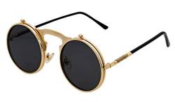 J&L Glasses Retro Klassisches Sonnenbrillen Brille mit Fensterglas Damen Herren Brillenfassung UV-Schutz, Sonnenbrillen Unisex Modische Fahrer, Autofahren, Outdoor, Steampunk filp-up (Golden) von J&L Glasses