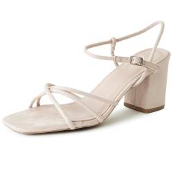 J. Adams Camila Sandalen für Damen - Quadratische offene Zehe Riemchen Mid Block Heels, Hautfarbenes veganes Wildleder, 40.5 EU von J. Adams