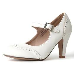 J. Adams Mary Jane Oxford-Pumps – Niedliche niedrige Kitten-Heels – Retro-Schuh mit runder Zehenpartie und Knöchelriemen – Kym, Weißes Pu, 40.5 EU von J. Adams