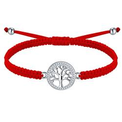 J.Endéar Armband Glück Rote Kordel, Lebensbaum Armband für Damen, Silber 925 Schmuck mit Zirkon, Mädchen Armband Verstellbar, Handgefertigtes Geflochtenes Armband von J.Endéar