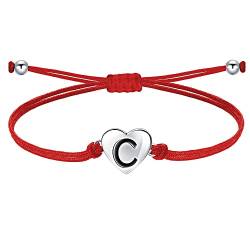 J.Endéar Buchstabe C Armband für Frauen Mädchen, Silber 925 Herzen Initialen Handgefertigter Kordelschmuck, Personalisiertes Geburtstagskommuniongeschenk, Rot von J.Endéar