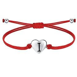 J.Endéar Buchstabe I Armband für Frauen Mädchen, Silber 925 Herzen Initialen Handgefertigter Kordelschmuck, Personalisiertes Geburtstagskommuniongeschenk, Rot von J.Endéar