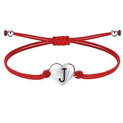 J.Endéar Buchstabe J Armband für Frauen Mädchen, Silber 925 Herzen Initialen Handgefertigter Kordelschmuck, Personalisiertes Geburtstagskommuniongeschenk, Rot von J.Endéar