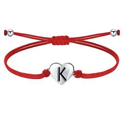 J.Endéar Buchstabe K Armband für Frauen Mädchen, Silber 925 Herzen Initialen Handgefertigter Kordelschmuck, Personalisiertes Geburtstagskommuniongeschenk, Rot von J.Endéar