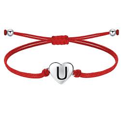 J.Endéar Buchstabe U Armband für Frauen Mädchen, Silber 925 Herzen Initialen Handgefertigter Kordelschmuck, Personalisiertes Geburtstagskommuniongeschenk, Rot von J.Endéar