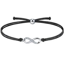 J.Endéar Damen Armband Unendlichkeitszeichen Silber 925, Handgefertigtes Filigranes Kordelarmband Unendlich Armband Geschenk für Mädchen, Schwarzes von J.Endéar