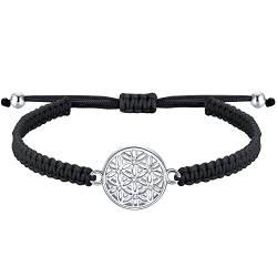 J.Endéar Damen Mädchen Blume des Lebens Armband Silber 925, Handgefertigt Filigrane Schwarze Schnur Armband für Jugendliche, Yoga-Schmuck Geburtstag Geschenk von J.Endéar