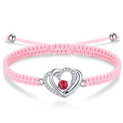 J.Endéar Doppelherz Armband Damen Geschenk, Silber 925 Roter Zirkonia Schmuck für Mädchen, Handgefertigtes Geflochtenes Rosa Kordelarmband Verstellbar für Teenager von J.Endéar