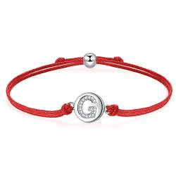 J.Endéar Glück Rotes Kordelarmband mit Buchstabe G für Damen Silber 925, Zirkonia Armband Mädchen, Verstellbares Armband Jungen Schmuck von J.Endéar