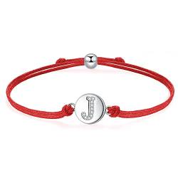 J.Endéar Glück Rotes Kordelarmband mit Buchstabe J für Damen Silber 925, Zirkonia Armband Mädchen, Verstellbares Armband Jungen Schmuck von J.Endéar