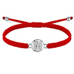 J.Endéar Glück Rotes Kordelarmband mit Buchstabe N Silber 925 für Damen Mädchen, Handgefertigtes Armband Verstellbare Frauen, Geburtstagsschmuck Kommuniongeschenk von J.Endéar