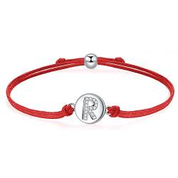 J.Endéar Glück Rotes Kordelarmband mit Buchstabe R für Damen Silber 925, Zirkonia Armband Mädchen, Verstellbares Armband Jungen Schmuck von J.Endéar