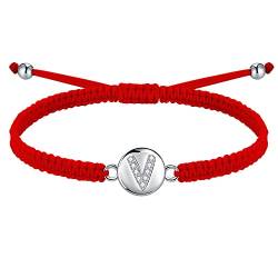 J.Endéar Glück Rotes Kordelarmband mit Buchstabe V Silber 925 für Damen Mädchen, Handgefertigtes Armband Verstellbare Frauen, Geburtstagsschmuck Kommuniongeschenk von J.Endéar