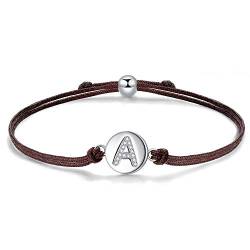 J.Endéar Kordelarmband mit Buchstabe A für Damen Silber 925, Zirkonia Armband Mädchen, Verstellbares Armband Jungen Schmuck von J.Endéar