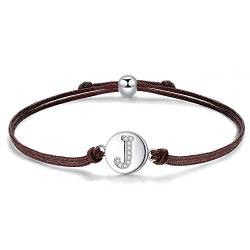 J.Endéar Kordelarmband mit Buchstabe J für Damen Silber 925, Zirkonia Armband Mädchen, Verstellbares Armband Jungen Schmuck von J.Endéar