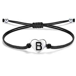 J.Endéar Mädchen Damen Buchstabe B Armband, Silber 925 Herzen Initialen Handmade Cord Schmuck, Personalisierte Geburtstag Kommunion Geschenk für Frauen, Schwarz von J.Endéar