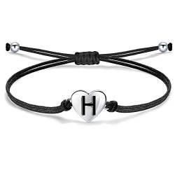 J.Endéar Mädchen Damen Buchstabe H Armband, Silber 925 Herzen Initialen Handmade Cord Schmuck, Personalisierte Geburtstag Kommunion Geschenk für Frauen, Schwarz von J.Endéar