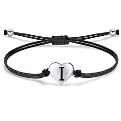 J.Endéar Mädchen Damen Buchstabe I Armband, Silber 925 Herzen Initialen Handmade Cord Schmuck, Personalisierte Geburtstag Kommunion Geschenk für Frauen, Schwarz von J.Endéar