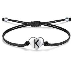 J.Endéar Mädchen Damen Buchstabe K Armband, Silber 925 Herzen Initialen Handmade Cord Schmuck, Personalisierte Geburtstag Kommunion Geschenk für Frauen, Schwarz von J.Endéar