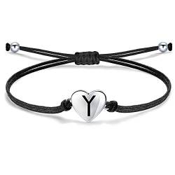 J.Endéar Mädchen Damen Buchstabe Y Armband, Silber 925 Herzen Initialen Handmade Cord Schmuck, Personalisierte Geburtstag Kommunion Geschenk für Frauen, Schwarz von J.Endéar