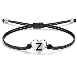 J.Endéar Mädchen Damen Buchstabe Z Armband, Silber 925 Herzen Initialen Handmade Cord Schmuck, Personalisierte Geburtstag Kommunion Geschenk für Frauen, Schwarz von J.Endéar